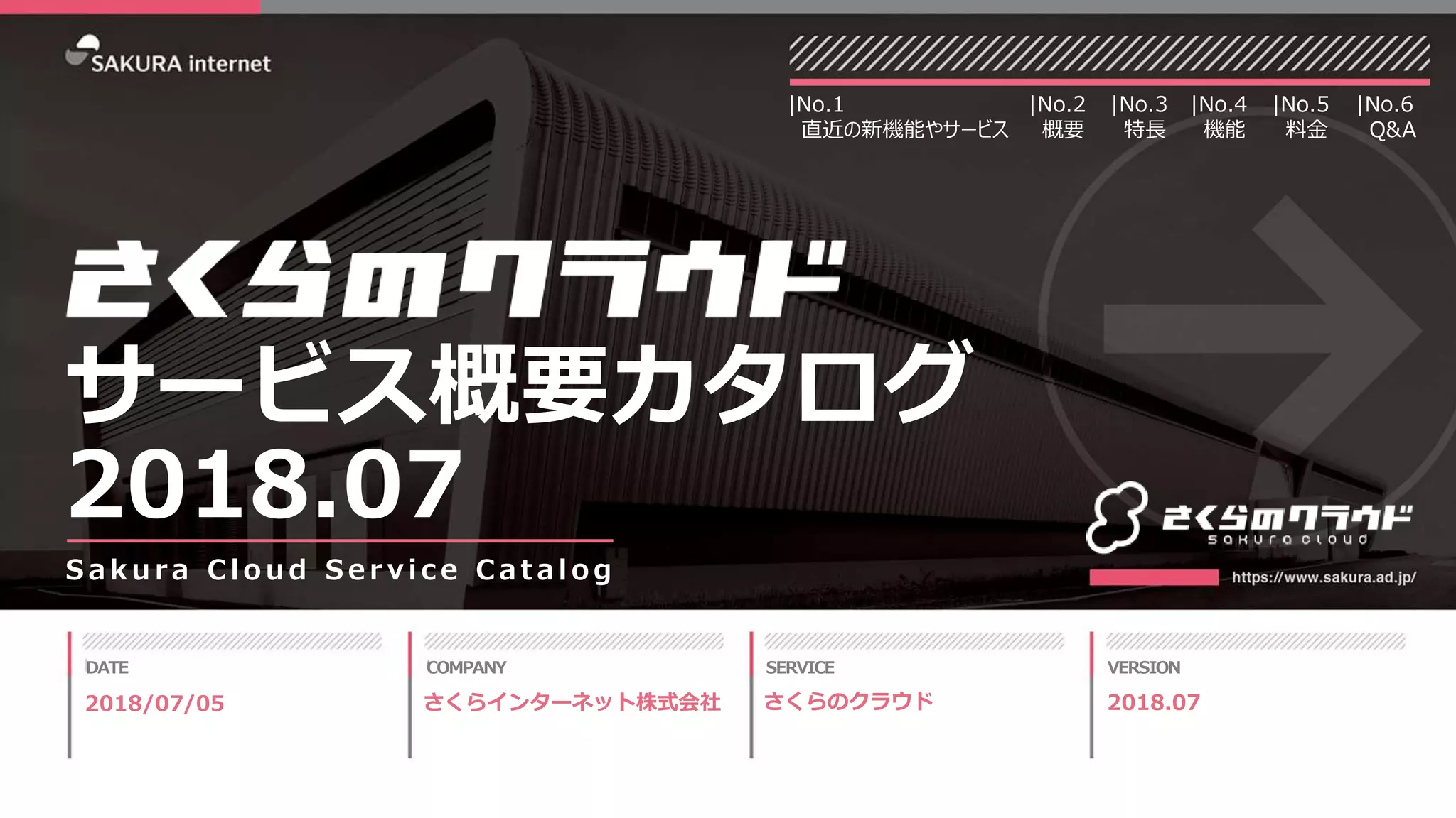 1
DATE COMPANY SERVICE VERSIONDATE COMPANY SERVICE VERSION
S a k u ra C l o u d S e r v i c e C a t a l o g
|No.2
概要
|No.4
機能
|No.1
直近の新機能やサービス
|No.5
料金
2018/07/05 さくらインターネット株式会社 2018.07さくらのクラウド
|No.3
特長
サービス概要カタログ
2018.07
|No.6
Q&A
 