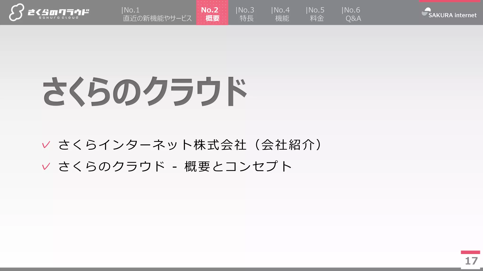17
✓ さくらインターネット株式会社（会社紹介）
✓ さくらのクラウド - 概要とコンセプト
さくらのクラウド
17
No.2
概要
|No.4
機能
|No.5
料金
|No.3
特長
|No.1
直近の新機能やサービス
|No.6
Q&A
 