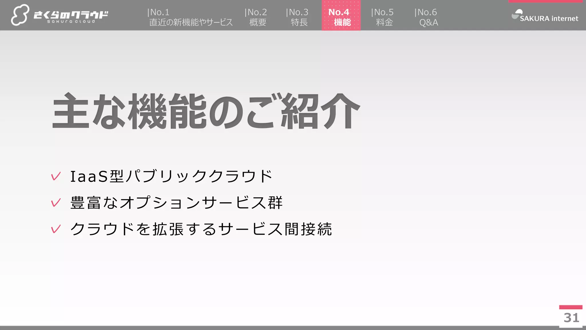 31
✓ IaaS型パブリッククラウド
✓ 豊富なオプションサービス群
✓ クラウドを拡張するサービス間接続
主な機能のご紹介
31
|No.2
概要
No.4
機能
|No.5
料金
|No.3
特長
|No.1
直近の新機能やサービス
|No.6
Q&A
 