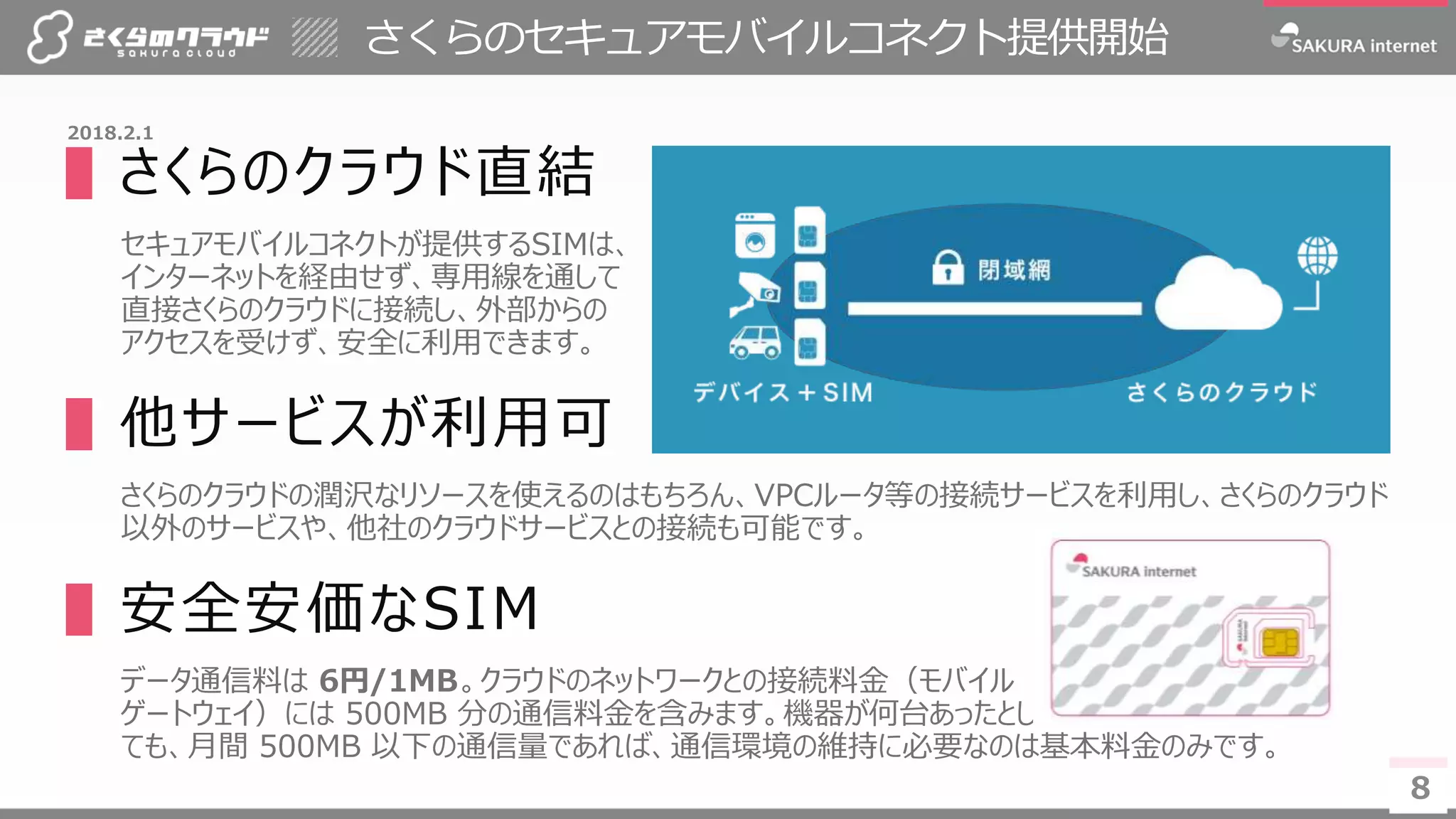 8
さくらのセキュアモバイルコネクト提供開始
8
2018.2.1
▌さくらのクラウド直結
セキュアモバイルコネクトが提供するSIMは、
インターネットを経由せず、専用線を通して
直接さくらのクラウドに接続し、外部からの
アクセスを受けず、安全に利用できます。
▌他サービスが利用可
さくらのクラウドの潤沢なリソースを使えるのはもちろん、VPCルータ等の接続サービスを利用し、さくらのクラウド
以外のサービスや、他社のクラウドサービスとの接続も可能です。
▌安全安価なSIM
データ通信料は 6円/1MB。クラウドのネットワークとの接続料金（モバイル
ゲートウェイ）には 500MB 分の通信料金を含みます。機器が何台あったとし
ても、月間 500MB 以下の通信量であれば、通信環境の維持に必要なのは基本料金のみです。
 