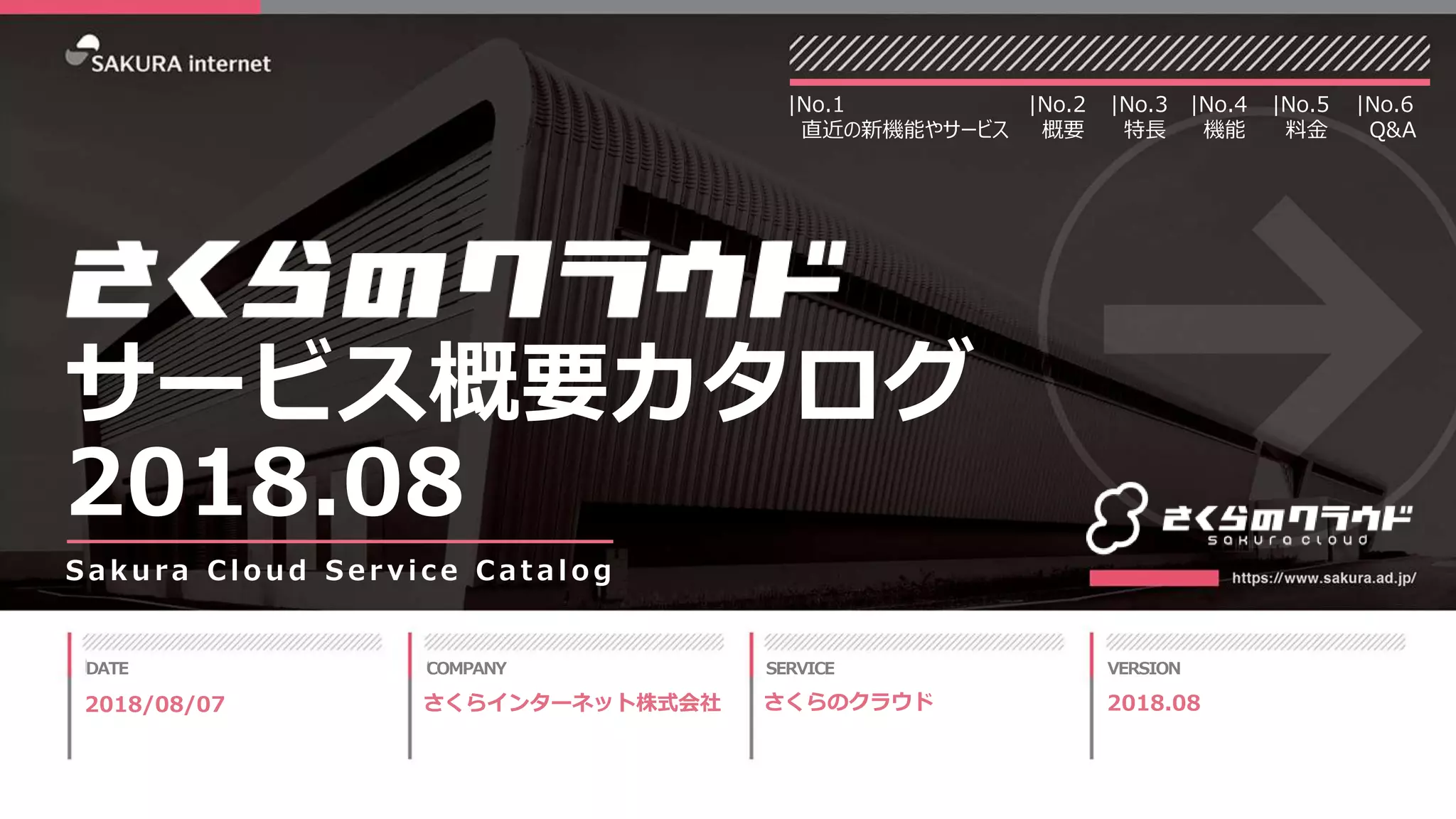 1
DATE COMPANY SERVICE VERSIONDATE COMPANY SERVICE VERSION
S a k u ra C l o u d S e r v i c e C a t a l o g
|No.2
概要
|No.4
機能
|No.1
直近の新機能やサービス
|No.5
料金
2018/08/07 さくらインターネット株式会社 2018.08さくらのクラウド
|No.3
特長
サービス概要カタログ
2018.08
|No.6
Q&A
 