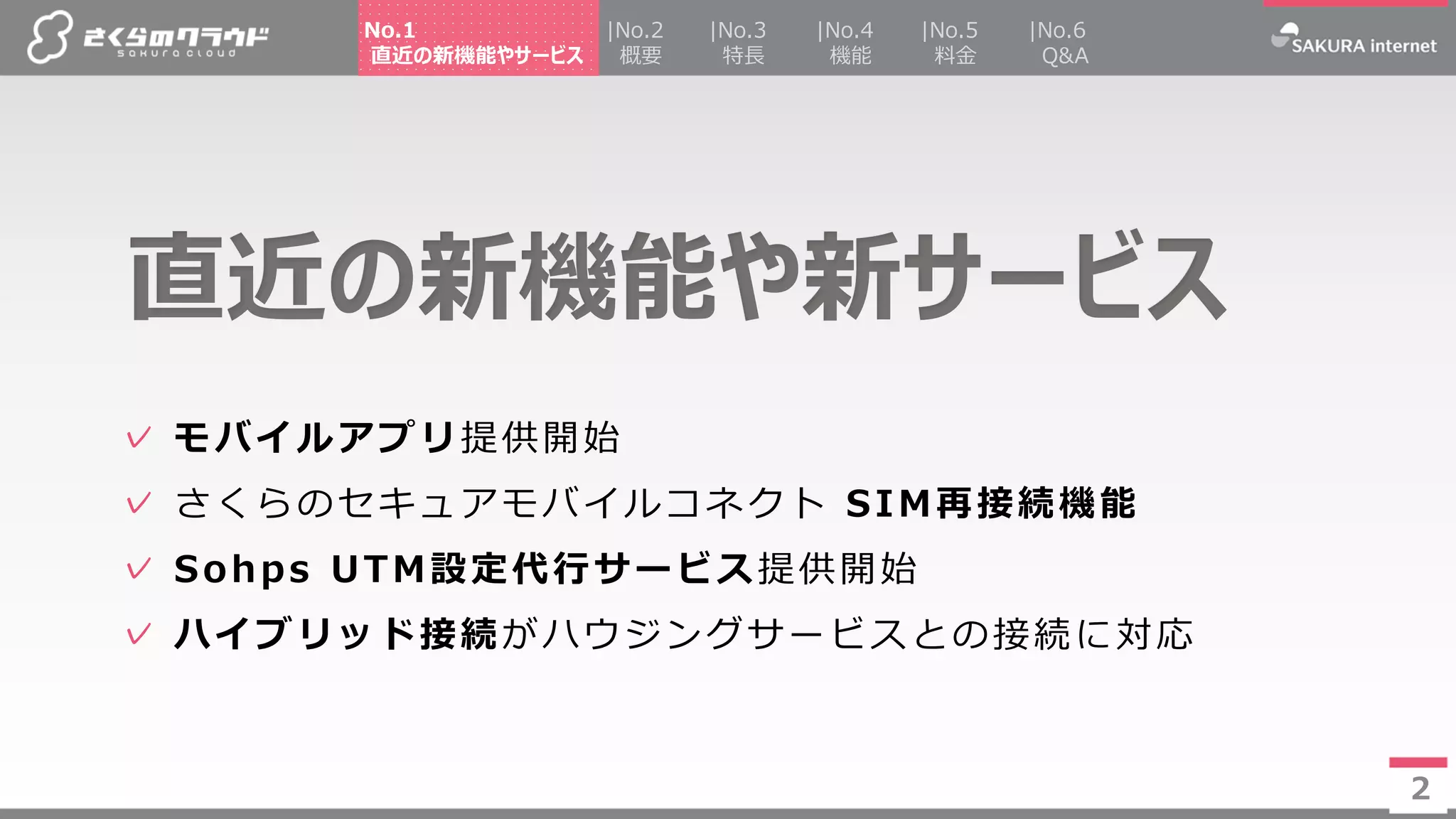 2
✓ モバイルアプリ提供開始
✓ さくらのセキュアモバイルコネクト SIM再接続機能
✓ Sohps UTM設定代行サービス提供開始
✓ ハイブリッド接続がハウジングサービスとの接続に対応
直近の新機能や新サービス
2
|No.2
概要
|No.4
機能
|No.5
料金
|No.3
特長
No.1
直近の新機能やサービス
|No.6
Q&A
 