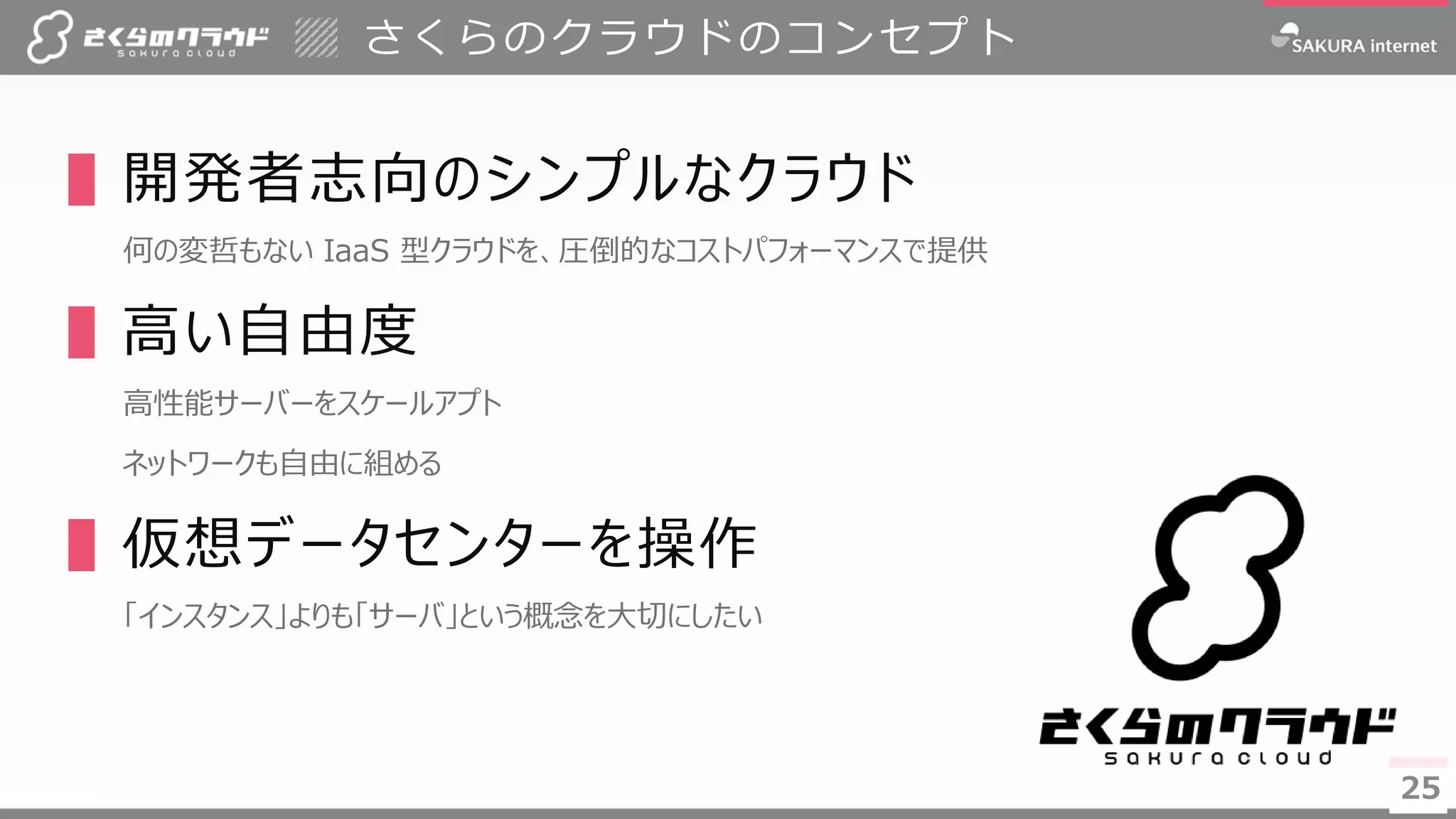 2525
▌開発者志向のシンプルなクラウド
何の変哲もない IaaS 型クラウドを、圧倒的なコストパフォーマンスで提供
▌高い自由度
高性能サーバーをスケールアプト
ネットワークも自由に組める
▌仮想データセンターを操作
「インスタンス」よりも「サーバ」という概念を大切にしたい
さくらのクラウドのコンセプト
 