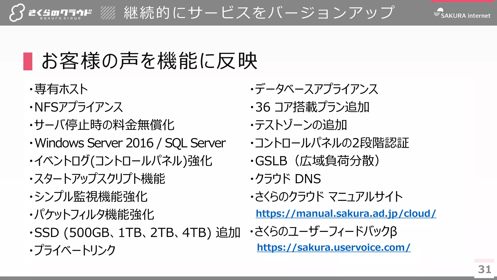 3131
▌お客様の声を機能に反映
継続的にサービスをバージョンアップ
・専有ホスト
・NFSアプライアンス
・サーバ停止時の料金無償化
・Windows Server 2016 / SQL Server
・イベントログ(コントロールパネル)強化
・スタートアップスクリプト機能
・シンプル監視機能強化
・パケットフィルタ機能強化
・SSD (500GB、1TB、2TB、4TB) 追加
・プライベートリンク
・データベースアプライアンス
・36 コア搭載プラン追加
・テストゾーンの追加
・コントロールパネルの2段階認証
・GSLB（広域負荷分散）
・クラウド DNS
・さくらのクラウド マニュアルサイト
https://manual.sakura.ad.jp/cloud/
・さくらのユーザーフィードバックβ
https://sakura.uservoice.com/
 