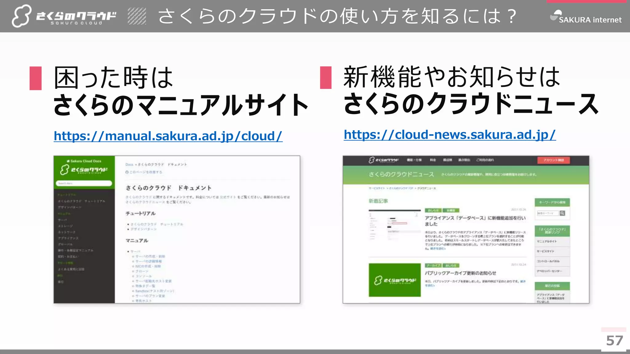 5757
さくらのクラウドの使い方を知るには？
▌困った時は
さくらのマニュアルサイト
https://manual.sakura.ad.jp/cloud/
▌新機能やお知らせは
さくらのクラウドニュース
https://cloud-news.sakura.ad.jp/
 