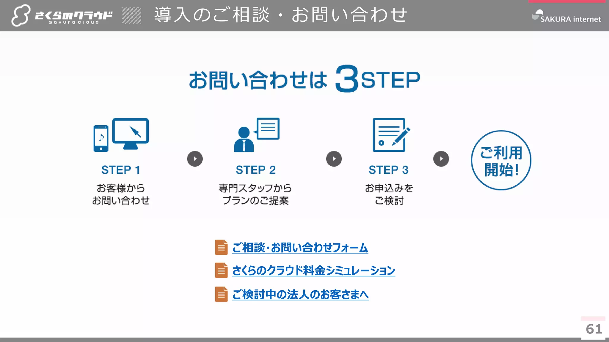 61
導入のご相談・お問い合わせ
61
ご相談・お問い合わせフォーム
さくらのクラウド料金シミュレーション
ご検討中の法人のお客さまへ
 
