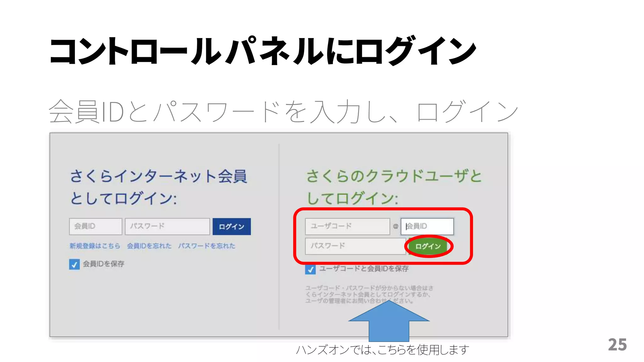 コントロールパネルにログイン
会員IDとパスワードを入力し、ログイン
ハンズオンでは、こちらを使用します 25
 