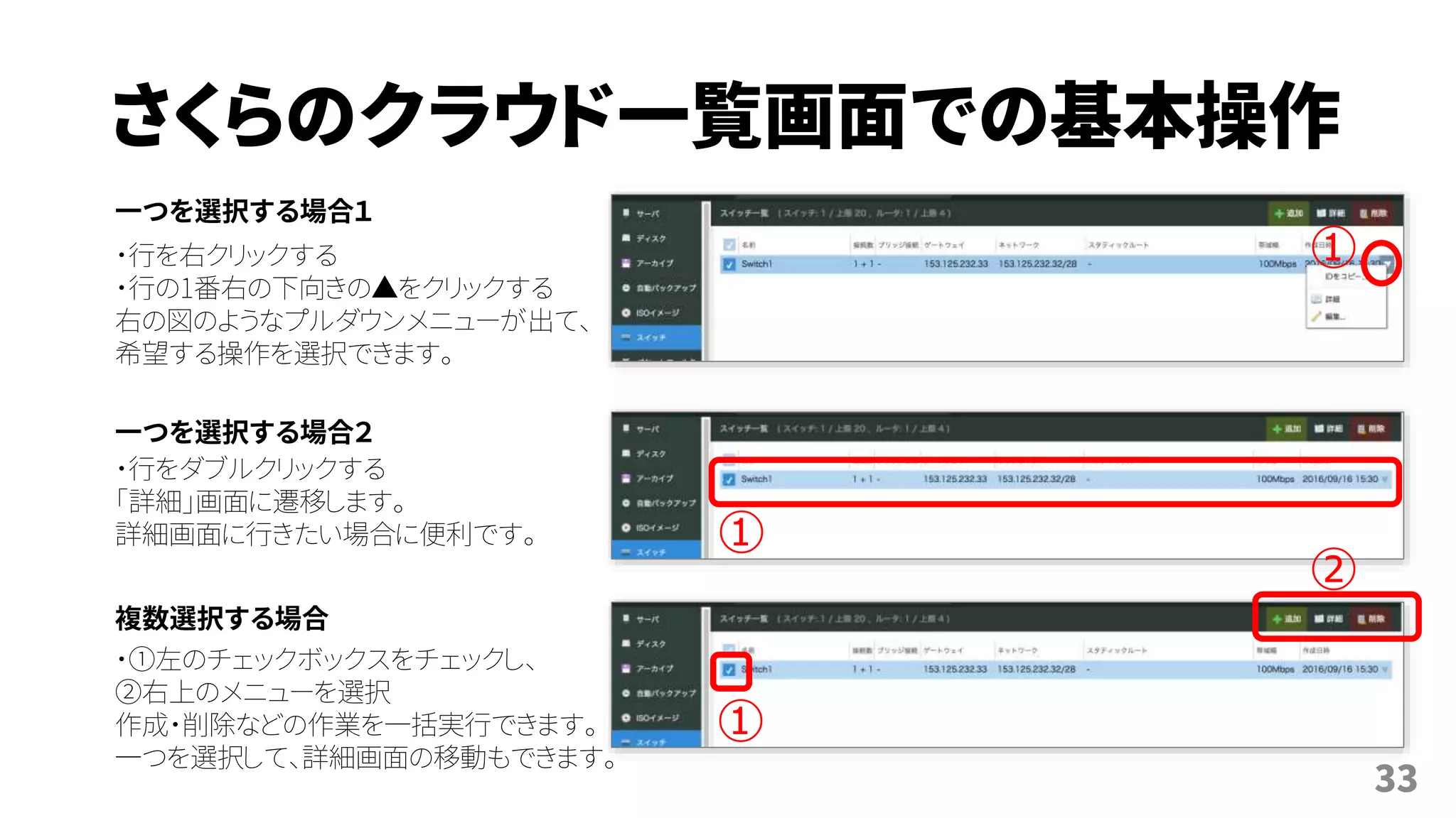 さくらのクラウド一覧画面での基本操作
33
一つを選択する場合１
複数選択する場合
一つを選択する場合２
・行を右クリックする
・行の1番右の下向きの▲をクリックする
右の図のようなプルダウンメニューが出て、
希望する操作を選択できます。
・行をダブルクリックする
「詳細」画面に遷移します。
詳細画面に行きたい場合に便利です。
・①左のチェックボックスをチェックし、
②右上のメニューを選択
作成・削除などの作業を一括実行できます。
一つを選択して、詳細画面の移動もできます。
①
①
①
②
 