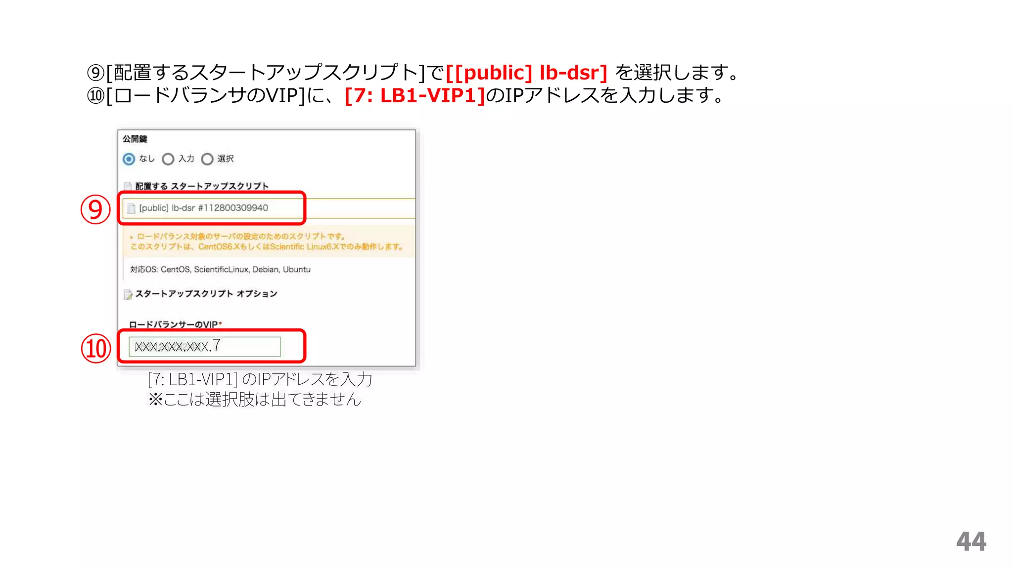 44
⑨[配置するスタートアップスクリプト]で[[public] lb-dsr] を選択します。
⑩[ロードバランサのVIP]に、[7: LB1-VIP1]のIPアドレスを入力します。
[7: LB1-VIP1] のIPアドレスを入力
※ここは選択肢は出てきません
⑨
⑩ xxx.xxx.xxx.7
 