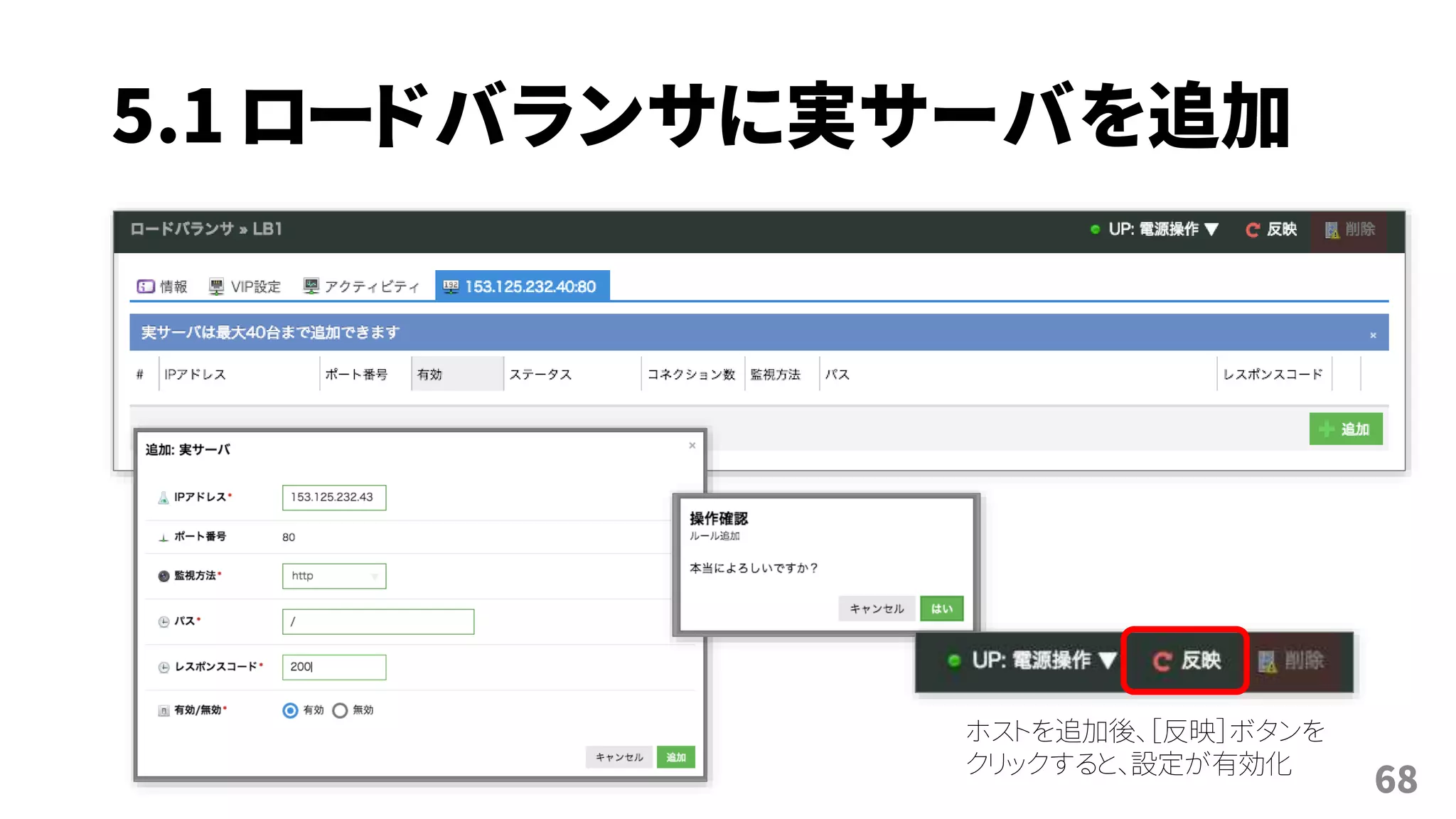 5.1 ロードバランサに実サーバを追加
68
ホストを追加後、［反映］ボタンを
クリックすると、設定が有効化
 