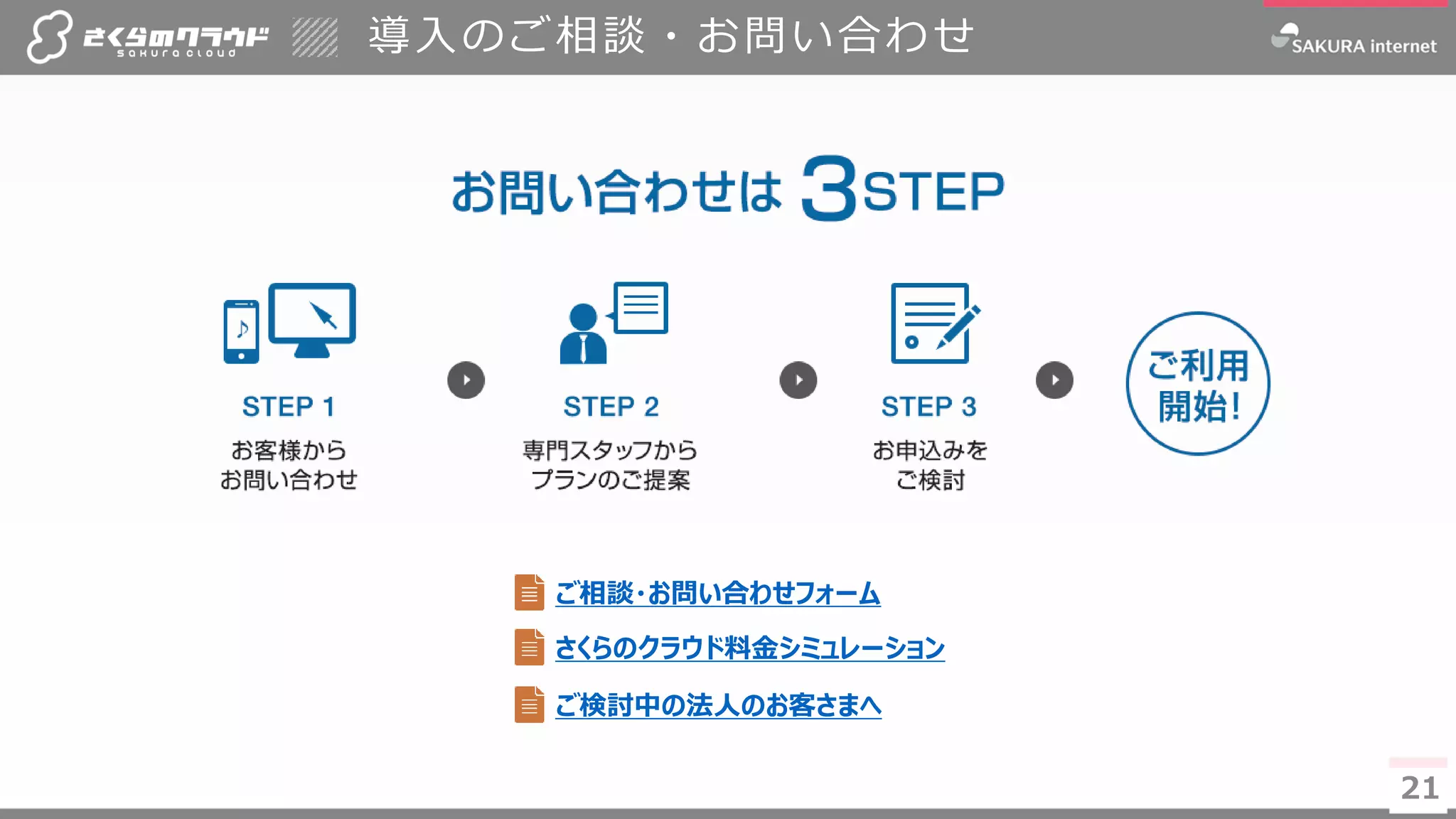 21
導入のご相談・お問い合わせ
21
ご相談・お問い合わせフォーム
さくらのクラウド料金シミュレーション
ご検討中の法人のお客さまへ
 