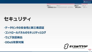 14
・データセンタの安全性と第三者認証
・コントロールパネルのセキュリティとログ
・ウェブ改竄検出
・DDoS攻撃対策
セキュリティ
14
|No.2
さくらのクラウドのアーキテクチャ
|No.3
セキュリティ
|No.1
品質保証とSLA
|No.4
サポート
 