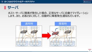 8
さくらのクラウドのアーキテクチャ
▌サーバ
ホスト・サーバに障害が発生した場合、正常なサーバに自動でマイグレーション
します。また、お客さまに対して、自動的に障害発生通知も行います。
8
 