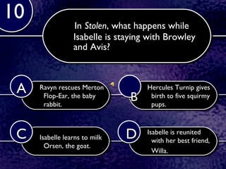 In  Stolen , w hat happens while Isabelle is staying with Browley and Avis? Ravyn rescues Merton Flop-Ear, the baby rabbit. Hercules Turnip gives birth to five squirmy pups. Isabelle learns to milk Orsen, the goat. Isabelle is reunited with her best friend, Willa.   10 A B C D 