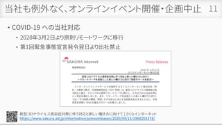 当社も例外なく、オンラインイベント開催・企画中止
• COVID-19 への当社対応
• 2020年3月2日より原則リモートワークに移行
• 第1回緊急事態宣言発令翌日より出社禁止
11
新型コロナウイルス感染症対策に伴う対応と新しい働き方に向けて | さくらインターネット
https://www.sakura.ad.jp/information/pressreleases/2020/04/15/1968203378/
 