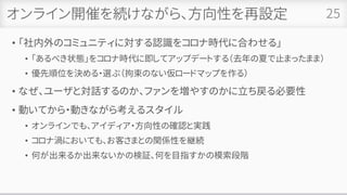 オンライン開催を続けながら、方向性を再設定
• 「社内外のコミュニティに対する認識をコロナ時代に合わせる」
• 「あるべき状態」をコロナ時代に即してアップデートする（去年の夏で止まったまま）
• 優先順位を決める・選ぶ（拘束のない仮ロードマップを作る）
• なぜ、ユーザと対話するのか、ファンを増やすのかに立ち戻る必要性
• 動いてから・動きながら考えるスタイル
• オンラインでも、アイディア・方向性の確認と実践
• コロナ渦においても、お客さまとの関係性を継続
• 何が出来るか出来ないかの検証、何を目指すかの模索段階
25
 