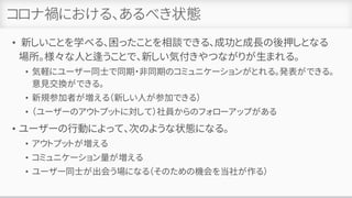 コロナ禍における、あるべき状態
• 新しいことを学べる、困ったことを相談できる、成功と成長の後押しとなる
場所。様々な人と逢うことで、新しい気付きやつながりが生まれる。
• 気軽にユーザー同士で同期・非同期のコミュニケーションがとれる。発表ができる。
意見交換ができる。
• 新規参加者が増える（新しい人が参加できる）
• （ユーザーのアウトプットに対して）社員からのフォローアップがある
• ユーザーの行動によって、次のような状態になる。
• アウトプットが増える
• コミュニケーション量が増える
• ユーザー同士が出会う場になる（そのための機会を当社が作る）
 
