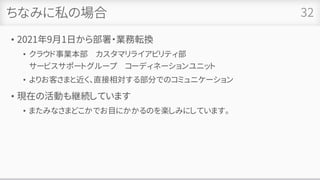 ちなみに私の場合
• 2021年9月1日から部署・業務転換
• クラウド事業本部 カスタマリライアビリティ部
サービスサポートグループ コーディネーションユニット
• よりお客さまと近く、直接相対する部分でのコミュニケーション
• 現在の活動も継続しています
• またみなさまどこかでお目にかかるのを楽しみにしています。
32
 
