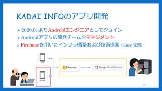 KADAI INFOのアプリ開発
 2020.01よりAndroidエンジニアとしてジョイン
 Androidアプリの開発チームをマネジメント
 Firebaseを用いたインフラ構築および技術提案 (since 先週)
12
Android
iOS
Firebase
 