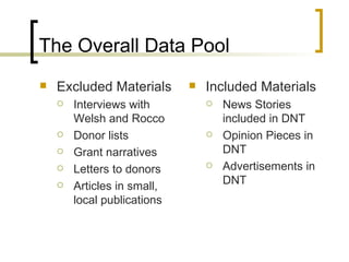 The Overall Data Pool Excluded Materials Interviews with Welsh and Rocco Donor lists  Grant narratives Letters to donors Articles in small, local publications  Included Materials News Stories included in DNT Opinion Pieces in DNT Advertisements in DNT 