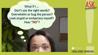 What if I …
Don’t use the right words?
Overwhelm or bug the person?
Look stupid or embarrass myself?
Hear “NO”?
 