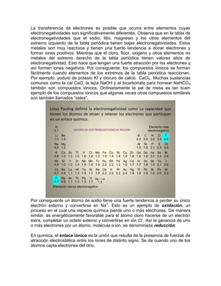 La transferencia de electrones es posible que ocurra entre elementos cuyas
electronegatividades son significativamente diferentes. Observa que en la tabla de
electronegatividades que el sodio, litio, magnesio y los otros elementos del
extremo izquierdo de la tabla periódica tienen bajas electronegatividades. Estos
metales son muy reactivos y tienen una fuerte tendencia a donar electrones y
formar iones positivos. Mientras que el cloro, flúor, oxigeno y otros elementos no
metales del extremo derecho de la tabla periódica tienen valores altos de
electronegatividad. Esto hace que tengan una fuerte atracción por los electrones y
así formen iones negativos. Por consiguiente, los compuestos iónicos se forman
fácilmente cuando elementos de los extremos de la tabla periódica reaccionan.
Por ejemplo, yoduro de potasio KI y cloruro de calcio CaCl 2. Muchas sustancias
comunes como la cal CaO, la lejía NaOH y el bicarbonato para hornear NaHCO3
también son compuestos iónicos. Ordinariamente la sal de mesa es tan buen
ejemplo de los compuestos iónicos que algunas veces otros compuestos similares
son también llamados “sales”.

          Linus Pauling definió la electronegatividad como La capacidad que
          tienen los átomos de atraer y retener los electrones que participan
          en un enlace químico.
             H                                                            Elemento más
            2.1         VALORES DE ELECTRONEGATIVIDAD DE PAULING         electronegativo
             Li Be                                                  B   C N O       F
            1.0 1.5                                                2.0 2.5 3.0 3.5 4.0
            Na Mg                                                  Al Si P      S Cl
            0.9 1.2                                                1.5 1.8 2.1 2.5 3.0
             K Ca Sc Ti V Cr Mn Fe Co Ni Cu Zn Ga Ge As Se Br
            0.8 1.0 1.3 1.5 1.6 1.6 1.5 1.8 1.8 1.8 1.9 1.6 1.6 1.8 2.0 2.4 2.8
            Rb Sr Y Zr Nb Mo Tc Ru Rh Pd Ag Cd In Sn Sb Te I
            0.8 1.0 1.2 1.4 1.6 1.8 1.9 2.2 2.2 1.2 1.9 1.7 1.7 1.8 1.9 2.1 2.5
            Cs Ba La Hf Ta W Re Os Ir Pt Au Hg Tl Pb Bi Po At
            0.7 0.9 1.1 1.3 1.5 1.7 1.9 2.2 2.2 2.2 2.4 1.9 1.8 1.8 1.9 2.0 2.2
            Fr Ra Ac Th Pa U Np – Lw
            0.7 0.9 1.1 1.3 1.5 1.7 1.3
           Elemento menos electronegativo

                                                 7                                    7


Por consiguiente un átomo de sodio tiene una fuerte tendencia a perder su único
electrón externo y convertirse en Na+. Esto es un ejemplo de oxidación, un
proceso en el cual una especie química pierde uno o más electrones. De manera
similar, es energéticamente favorable para el átomo cloro hacerse de un electrón
extra, completar un octeto externo y convertirse en ión Cl-. Así la ganancia de uno
o más electrones por un átomo, molécula o ion, es denominada reducción.

En química, el enlace iónico es la unión que resulta de la presencia de fuerzas de
atracción electrostática entre los iones de distinto signo. Se da cuando uno de los
átomos capta electrones del otro.
 