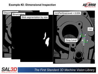 Example #2: Dimensional Inspection

Disparity Map                                   mmPerGrayLevel = 0.024
          Binarization
                    Blob segmentation by size




                                                                         mm



                                                         Gray Level
 