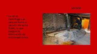 secado
• La sal se
centrifuga y se
seca en homo o
secador de lecho
fluido, lo que
asegura la
eliminación de
microorganismos.
 