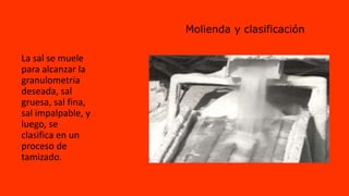 Molienda y clasificación
La sal se muele
para alcanzar la
granulometría
deseada, sal
gruesa, sal fina,
sal impalpable, y
luego, se
clasifica en un
proceso de
tamizado.
 