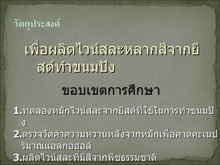 เพื่อผลิตไวน์สละหลากสีจากยีสต์ทำขนมปัง  ขอบเขตการศึกษา ทดลองหมักไวน์สละจากยีสต์ที่ใช้ในการทำขนมปัง ตรวจวัดค่าความหวานหลังจากหมักเพื่อคาดคะเนปริมาณแอลกอฮอล์ ผลิตไวน์สละที่มีสีจากพืชธรรมชาติ 