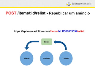 Developer Conference 
POST /items/:id/relist - Republicar um anúncio 
https://api.mercadolibre.com/items/MLB568033554/relist 
Relist 
Active Paused Closed 
 