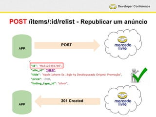Developer Conference 
POST /items/:id/relist - Republicar um anúncio 
APP 
POST 
APP 
{ 
"id": "MLB123456789", 
"site_id": "MLB", 
"title": "Apple Iphone 5s 16gb 4g Desbloqueado Original Promoção", 
"price": 1900, 
"listing_type_id": "silver", 
201 Created 
 