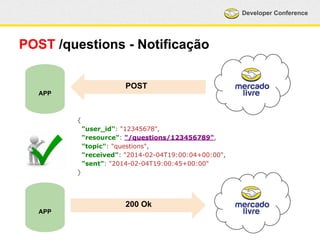 Developer Conference 
POST /questions - Notificação 
APP 
POST 
APP 
{ 
"user_id": "12345678", 
"resource": "/questions/123456789", 
"topic": "questions", 
"received": "2014-02-04T19:00:04+00:00", 
"sent": "2014-02-04T19:00:45+00:00" 
} 
200 Ok 
 
