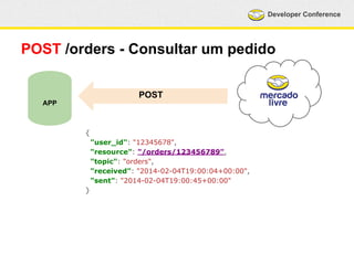 Developer Conference 
POST /orders - Consultar um pedido 
{ 
"user_id": "12345678", 
"resource": "/orders/123456789", 
"topic": "orders", 
"received": "2014-02-04T19:00:04+00:00", 
"sent": "2014-02-04T19:00:45+00:00" 
} 
APP 
POST 
 