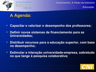 Crescimento. A Visão da Indústria
Educação
• Capacitar e valorizar o desempenho dos professores;
• Definir novos sistemas de financiamento para as
Universidades;
• Distribuir recursos para a educação superior, com base
no desempenho;
• Estimular a interação universidade-empresa, sobretudo
no que tange à pesquisa colaborativa;
A Agenda:
 