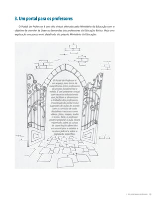 O Portal do Professor é
um espaço para troca de
experiências entre professores
do ensino fundamental e
médio. É um ambiente virtual
com recursos educacionais
que facilitam e dinamizam
o trabalho dos professores.
O conteúdo do portal inclui
sugestões de aulas de acordo
com o currículo de cada
disciplina e recursos como
vídeos, fotos, mapas, áudio
e textos. Nele, o professor
poderá preparar a aula, ficará
informado sobre os cursos
de capacitação oferecidos
em municípios e estados e
na área federal e sobre a
legislação específica.
3. Um portal para os professores
O Portal do Professor é um sítio virtual ofertado pelo Ministério da Educação com o
objetivo de atender às diversas demandas dos professores da Educação Básica. Veja uma
explicação um pouco mais detalhada do próprio Ministério da Educação:
3. Um portal para os professores  13
 