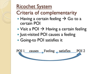 Ricochet System
Criteria of complementarity
—  Having a certain feeling à Go to a
certain POI
—  Visit a POI à Having a certain feeling
—  Just-visited POI causes a feeling
—  Going-to POI satisfies it
 