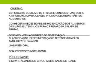 LINGUAGEMORAL;
CONHECERTEXTOINSTRUCIONAL.
PÚBLICO ALVO:
ETAPA II, ALUNOS DE CINCO A SEIS ANOS DE IDADE
OBJETIVO:
ESTIMULAR O CONSUMO DE FRUTAS E CONSCIENTIZAR SOBRE
A IMPORTÂNCIA PARA A SAÚDE PROMOVENDO BONS HÁBITOS
ALIMENTARES;
CONHECER A NECESSIDADE DE HIGIENIZAÇÃO DOS ALIMENTOS,
DAS MÃOS E UTENSÍLIOS PARA O PREPARO DA SALADA DE
FRUTAS;
DESENVOLVER HABILIDADES DE OBSERVAÇÃO,
CLASSIFICAÇÃO, EXPERIMENTAÇÃO E TESTAGEM SIMPLES,
TATO, OLFATO, PALADAR;
 