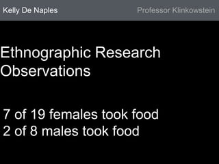 Kelly De Naples Professor Klinkowstein 
Ethnographic Research 
Observations 
7 of 19 females took food 
2 of 8 males took food 
 