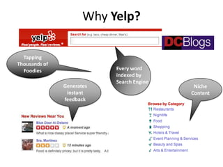 Why Yelp?

  Tapping
Thousands of
  Foodies                  Every word
                           indexed by
                           Search Engine
               Generates                    Niche
                instant                    Content
               feedback
 