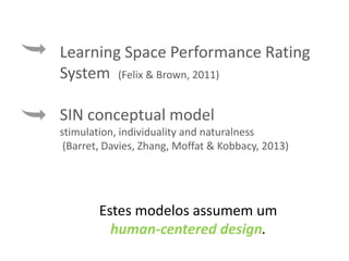 Learning Space Performance Rating
System (Felix & Brown, 2011)
SIN conceptual model
stimulation, individuality and naturalness
(Barret, Davies, Zhang, Moffat & Kobbacy, 2013)
Estes modelos assumem um
human-centered design.
 