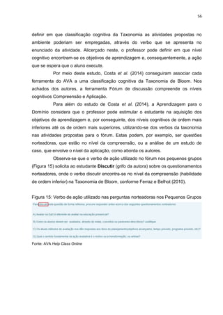 56
definir em que classificação cognitiva da Taxonomia as atividades propostas no
ambiente poderiam ser empregadas, através do verbo que se apresenta no
enunciado da atividade. Alicerçado neste, o professor pode definir em que nível
cognitivo encontram-se os objetivos de aprendizagem e, consequentemente, a ação
que se espera que o aluno execute.
Por meio deste estudo, Costa et al. (2014) conseguiram associar cada
ferramenta do AVA a uma classificação cognitiva da Taxonomia de Bloom. Nos
achados dos autores, a ferramenta Fórum de discussão compreende os níveis
cognitivos Compreensão e Aplicação.
Para além do estudo de Costa et al. (2014), a Aprendizagem para o
Domínio considera que o professor pode estimular o estudante na aquisição dos
objetivos de aprendizagem e, por conseguinte, dos níveis cognitivos de ordem mais
inferiores até os de ordem mais superiores, utilizando-se dos verbos da taxonomia
nas atividades propostas para o fórum. Estas podem, por exemplo, ser questões
norteadoras, que estão no nível da compreensão, ou a análise de um estudo de
caso, que envolve o nível da aplicação, como aborda os autores.
Observa-se que o verbo de ação utilizado no fórum nos pequenos grupos
(Figura 15) solicita ao estudante Discutir (grifo da autora) sobre os questionamentos
norteadores, onde o verbo discutir encontra-se no nível da compreensão (habilidade
de ordem inferior) na Taxonomia de Bloom, conforme Ferraz e Belhot (2010).
Figura 15: Verbo de ação utilizado nas perguntas norteadoras nos Pequenos Grupos
Fonte: AVA Help Class Online
 