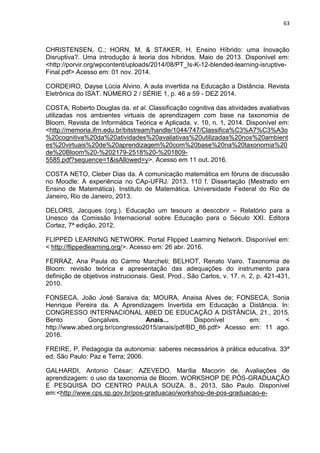 63
CHRISTENSEN, C.; HORN, M. & STAKER, H. Ensino Híbrido: uma Inovação
Disruptiva?. Uma introdução à teoria dos híbridos. Maio de 2013. Disponível em:
<http://porvir.org/wpcontent/uploads/2014/08/PT_Is-K-12-blended-learning-isruptive-
Final.pdf> Acesso em: 01 nov. 2014.
CORDEIRO, Dayse Lúcia Alvino. A aula invertida na Educação a Distância. Revista
Eletrônica do ISAT. NÚMERO 2 / SÉRIE 1, p. 46 a 59 - DEZ 2014.
COSTA, Roberto Douglas da. et al. Classificação cognitiva das atividades avaliativas
utilizadas nos ambientes virtuais de aprendizagem com base na taxonomia de
Bloom. Revista de Informática Teórica e Aplicada, v. 10, n. 1, 2014. Disponível em:
<http://memoria.ifrn.edu.br/bitstream/handle/1044/747/Classifica%C3%A7%C3%A3o
%20cognitiva%20da%20atividades%20avaliativas%20utilizadas%20nos%20ambient
es%20virtuais%20de%20aprendizagem%20com%20base%20na%20taxonomia%20
de%20Bloom%20-%202179-2518%20-%201809-
5585.pdf?sequence=1&isAllowed=y>. Acesso em 11 out. 2016.
COSTA NETO, Cleber Dias da. A comunicação matemática em fóruns de discussão
no Moodle: A experiência no CAp-UFRJ. 2013. 110 f. Dissertação (Mestrado em
Ensino de Matemática). Instituto de Matemática. Universidade Federal do Rio de
Janeiro, Rio de Janeiro, 2013.
DELORS, Jacques (org.). Educação um tesouro a descobrir – Relatório para a
Unesco da Comissão Internacional sobre Educação para o Século XXI. Editora
Cortez, 7ª edição, 2012.
FLIPPED LEARNING NETWORK. Portal Flipped Learning Network. Disponível em:
< http://flippedlearning.org/>. Acesso em: 26 abr. 2016.
FERRAZ, Ana Paula do Carmo Marcheti; BELHOT, Renato Vairo. Taxonomia de
Bloom: revisão teórica e apresentação das adequações do instrumento para
definição de objetivos instrucionais. Gest. Prod., São Carlos, v. 17, n. 2, p. 421-431,
2010.
FONSECA, João José Saraiva da; MOURA, Anaisa Alves de; FONSECA, Sonia
Henrique Pereira da. A Aprendizagem Invertida em Educação a Distância. In:
CONGRESSO INTERNACIONAL ABED DE EDUCAÇÃO A DISTÂNCIA, 21., 2015.
Bento Gonçalves. Anais... Disponível em: <
http://www.abed.org.br/congresso2015/anais/pdf/BD_86.pdf> Acesso em: 11 ago.
2016.
FREIRE, P. Pedagogia da autonomia: saberes necessários à prática educativa. 33ª
ed. São Paulo: Paz e Terra; 2006.
GALHARDI, Antonio César; AZEVEDO, Marília Macorin de. Avaliações de
aprendizagem: o uso da taxonomia de Bloom. WORKSHOP DE PÓS-GRADUAÇÃO
E PESQUISA DO CENTRO PAULA SOUZA. 8., 2013, São Paulo. Disponível
em:<http://www.cps.sp.gov.br/pos-graduacao/workshop-de-pos-graduacao-e-
 