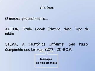 CD-Rom

O mesmo procedimento...

AUTOR, Título. Local: Editora, data. Tipo de
mídia

SILVA, J. Histórias Infantis. São     Paulo:
Companhia das Letras, 2007. CD-ROM.

                   Indicação
                do tipo de mídia
 