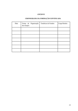 19
ANEXO II
CRONOGRAMA DA FORMAÇÃO CONTINUADA
Data Forma de Organização
dos Grupos
Temáticas de Estudos Carga Horária
 