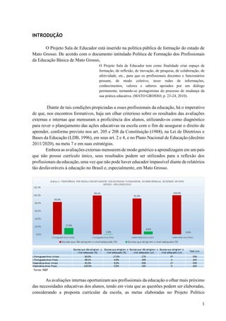 1
INTRODUÇÃO
O Projeto Sala de Educador está inserido na política pública de formação do estado de
Mato Grosso. De acordo com o documento intitulado Política de Formação dos Profissionais
da Educação Básica de Mato Grosso,
O Projeto Sala de Educador tem como finalidade criar espaço de
formação, de reflexão, de inovação, de pesquisa, de colaboração, de
afetividade, etc., para que os profissionais docentes e funcionários
possam, de modo coletivo, tecer redes de informações,
conhecimentos, valores e saberes apoiados por um diálogo
permanente, tornando-se protagonistas do processo de mudança da
sua prática educativa. (MATO GROSSO, p. 23-24, 2010).
Diante de tais condições propiciadas a esses profissionais da educação, há o imperativo
de que, nos encontros formativos, haja um olhar criterioso sobre os resultados das avaliações
externas e internas que mensuram a proficiência dos alunos, utilizando-os como diagnóstico
para rever o planejamento das ações educativas na escola com o fim de assegurar o direito de
aprender, conforme previsto nos art. 205 e 208 da Constituição (1988), na Lei de Diretrizes e
Bases da Educação (LDB, 1996), em seus art. 2 e 4, e no Plano Nacional de Educação (decênio
2011/2020), na meta 7 e em suas estratégias.
Embora as avaliações externas mensurem de modo genérico a aprendizagem em um país
que não possui currículo único, seus resultados podem ser utilizados para a reflexão dos
profissionais da educação, uma vez que não pode haver educador impassível diante de relatórios
tão desfavoráveis à educação no Brasil e, especialmente, em Mato Grosso.
As avaliações internas oportunizam aos profissionais da educação o olhar mais próximo
das necessidades educativas dos alunos, tendo em vista que as questões podem ser elaboradas,
considerando a proposta curricular da escola, as metas elaboradas no Projeto Político
 