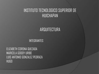 INSTITUTO TECNOLOGICO SUPERIOR DE
                         HUICHAPAN


                          ARQUITECTURA

                  INTEGRANTES

ELIZABETH CORONA QUEZADA
MARICELA GODOY URIBE
LUIS ANTONIO GONZALEZ PEDRAZA
HUGO
 