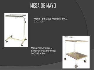 MESA DE MAYO

  Mesa Tipo Mayo Medidas: 60 X
  33 X 100




Mesa instrumental 2
bandejas inox Medidas:
70 X 46 X 80
 