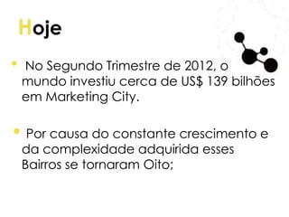 Hoje
• No Segundo Trimestre de 2012, o
mundo investiu cerca de US$ 139 bilhões
em Marketing City.
• Por causa do constante crescimento e
da complexidade adquirida esses
Bairros se tornaram Oito;
 