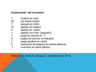 Continuación del inventario:
1 Culebra en cubo
26 con fichas verdes
1 parqués en vidrio
10 ajedrez en madera
3 ajedrez en cartón
1 ajedrez con imán (pequeño)
1 juego de canicas en “t”
5 juegos de canicas en triángulo
1 juego escalera en cartón
2 soluciones de tangram en sobres plásticos
1 inventario en sobre plástico
Elaboró: Lic. Diana M. Zuluaga O. (septiembre de 2014)
 